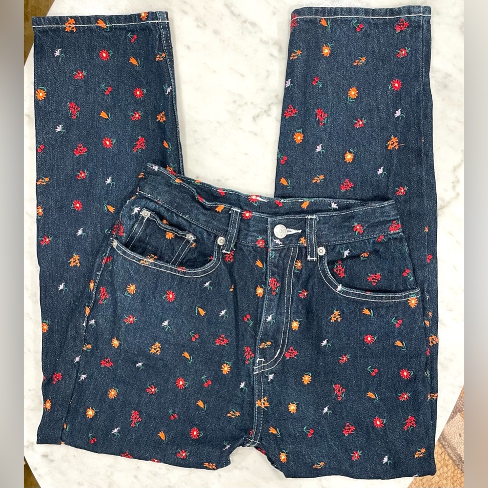 X-girl Floral Embroidered Straight Leg Jeans, cotton, drk blue/red, sz1 (24),EUC - Picture 5 of 14